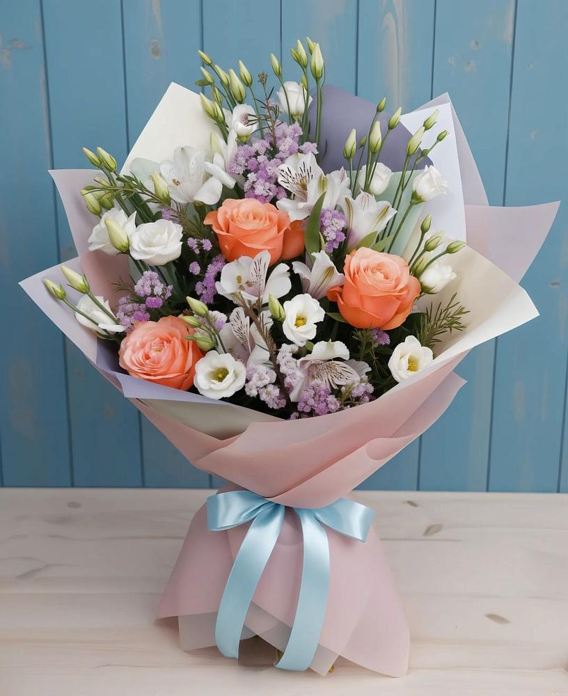 Букет цветов из: Лизиантусы, Розы, Альстромерии и Гипсофила в Ярково