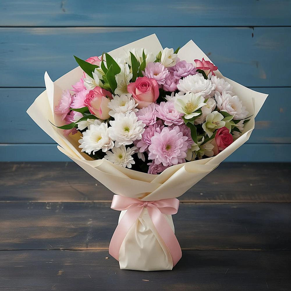 Букет цветов из: Хризантемы, Альстромерии и Розы в Ярково